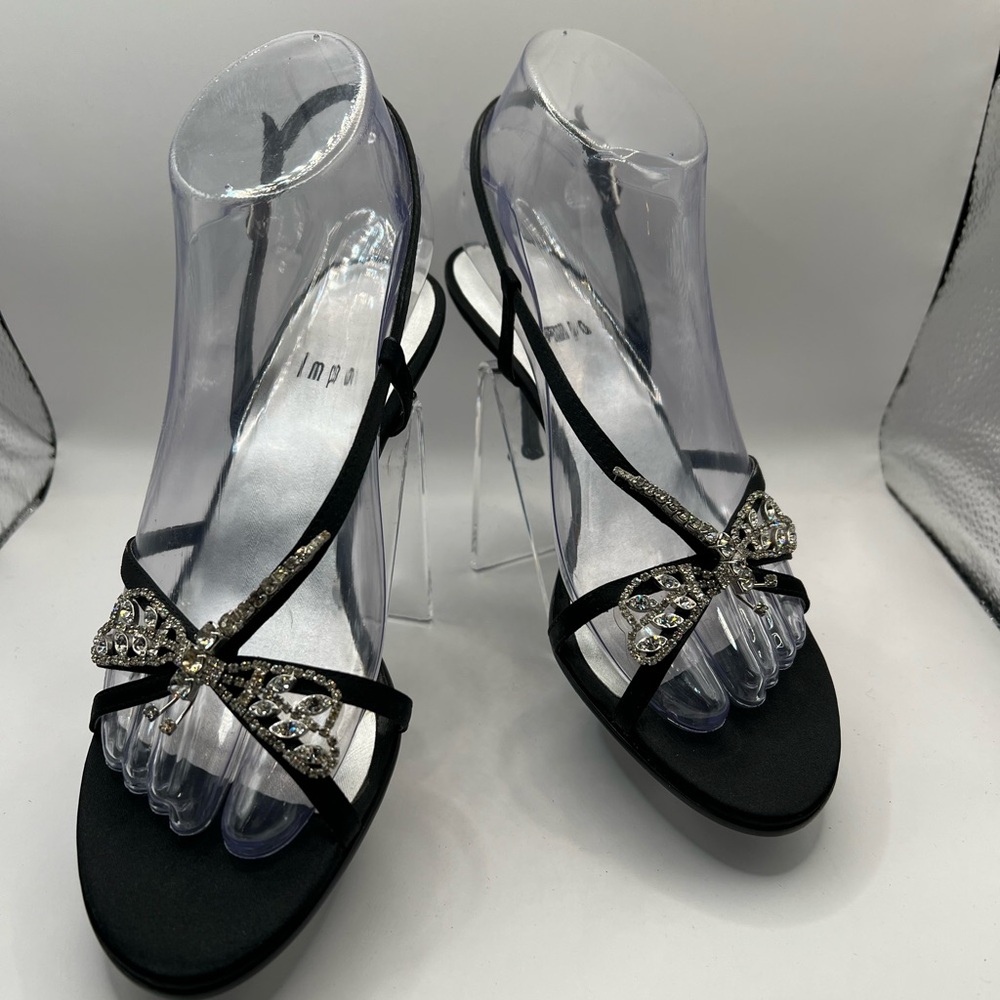 Impo Black Rhinestone Bow Strappy Heels